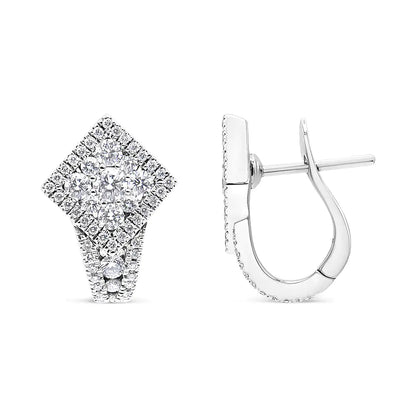 18K White Gold 1 1/10 Cttw Round Diamond Cluster with Halo Hoop Huggie Earring (F-G Color, VS1-VS2 Clarity) WEM Support (www.WEM.support)