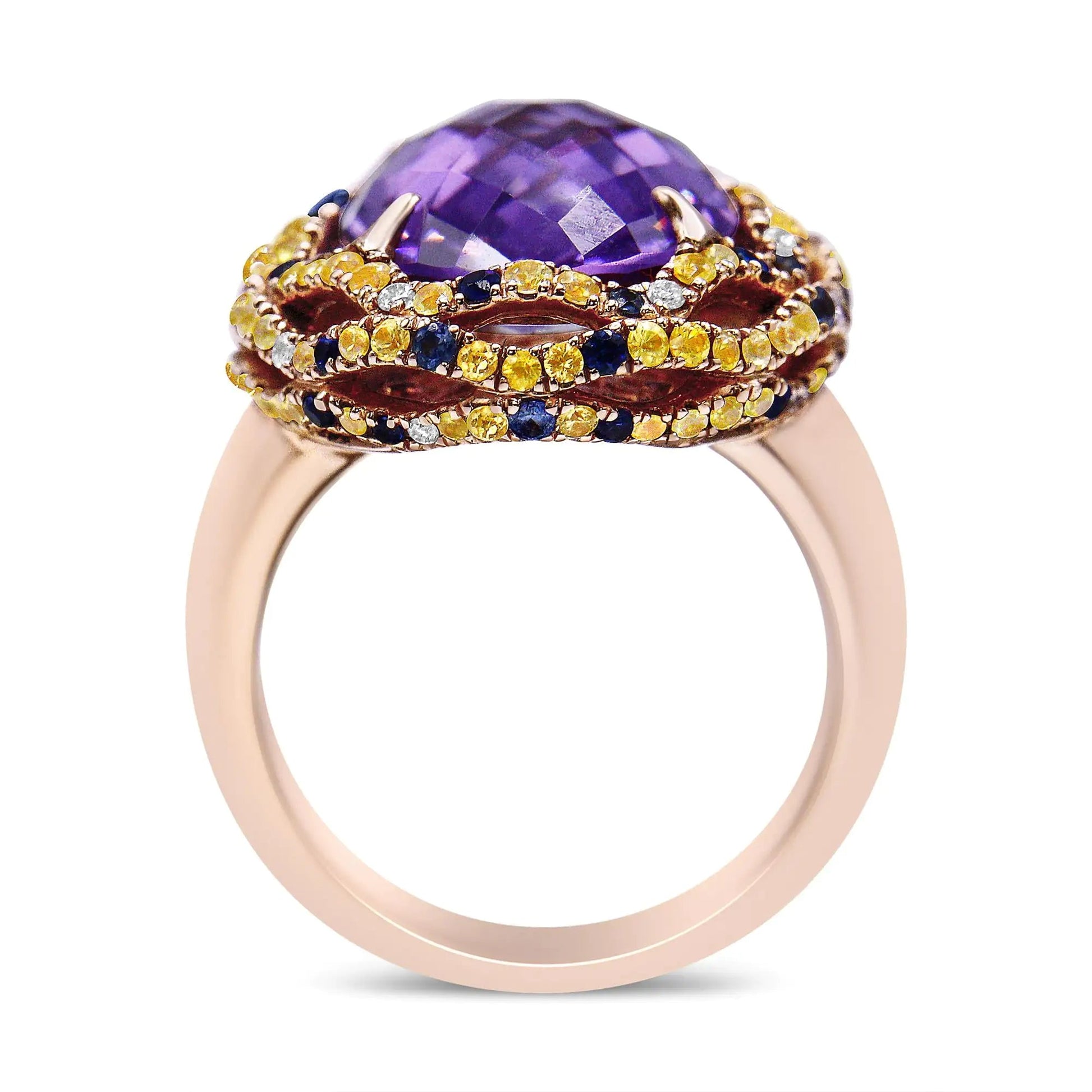 18K Yellow and Rose Gold Claw Prong Set Checkerboard Cut Purple Amethyst, Blue & Yellow Sapphire, Diamond Accent Cocktail Ring Band (F-G Color, VS1-VS2 Clarity) WEM Support (www.WEM.support)