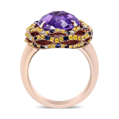 18K Yellow and Rose Gold Claw Prong Set Checkerboard Cut Purple Amethyst, Blue & Yellow Sapphire, Diamond Accent Cocktail Ring Band (F-G Color, VS1-VS2 Clarity) WEM Support (www.WEM.support)