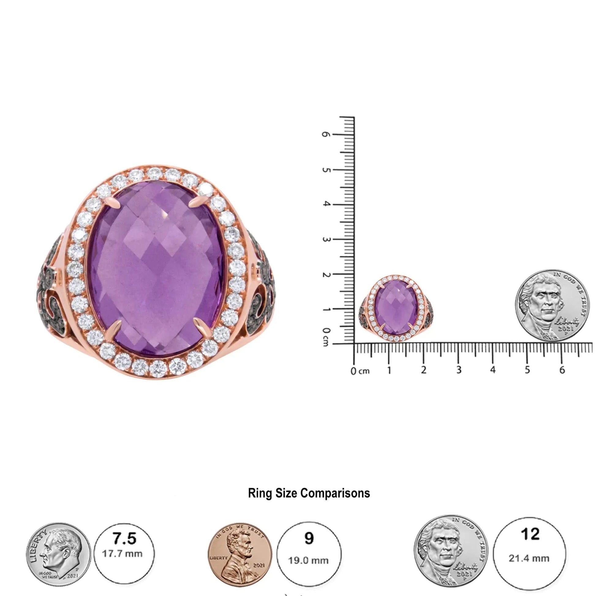 18K Rose Gold 18x13 MM Oval Cut Purplse Amethyst and 1.00 Cttw Diamond Cocktail Ring (Champagne and F-G Color, VS1-VS2 Clarity) WEM Support (www.WEM.support)