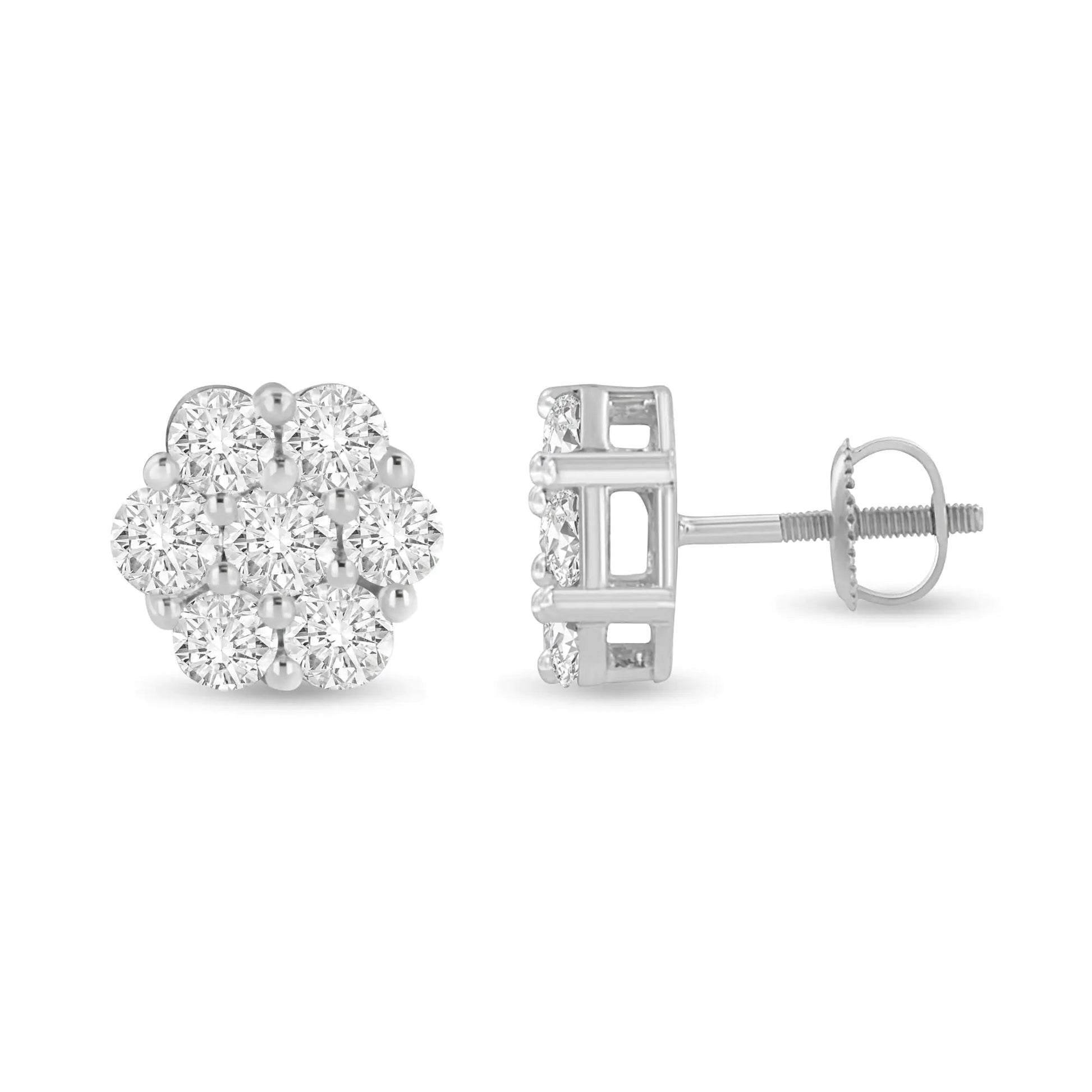 14K White Gold 3 cttw Prong Set Round-Cut Diamond Floral Cluster Stud Earring (I-J Color, SI1-SI2 Clarity) WEM Support (www.WEM.support)