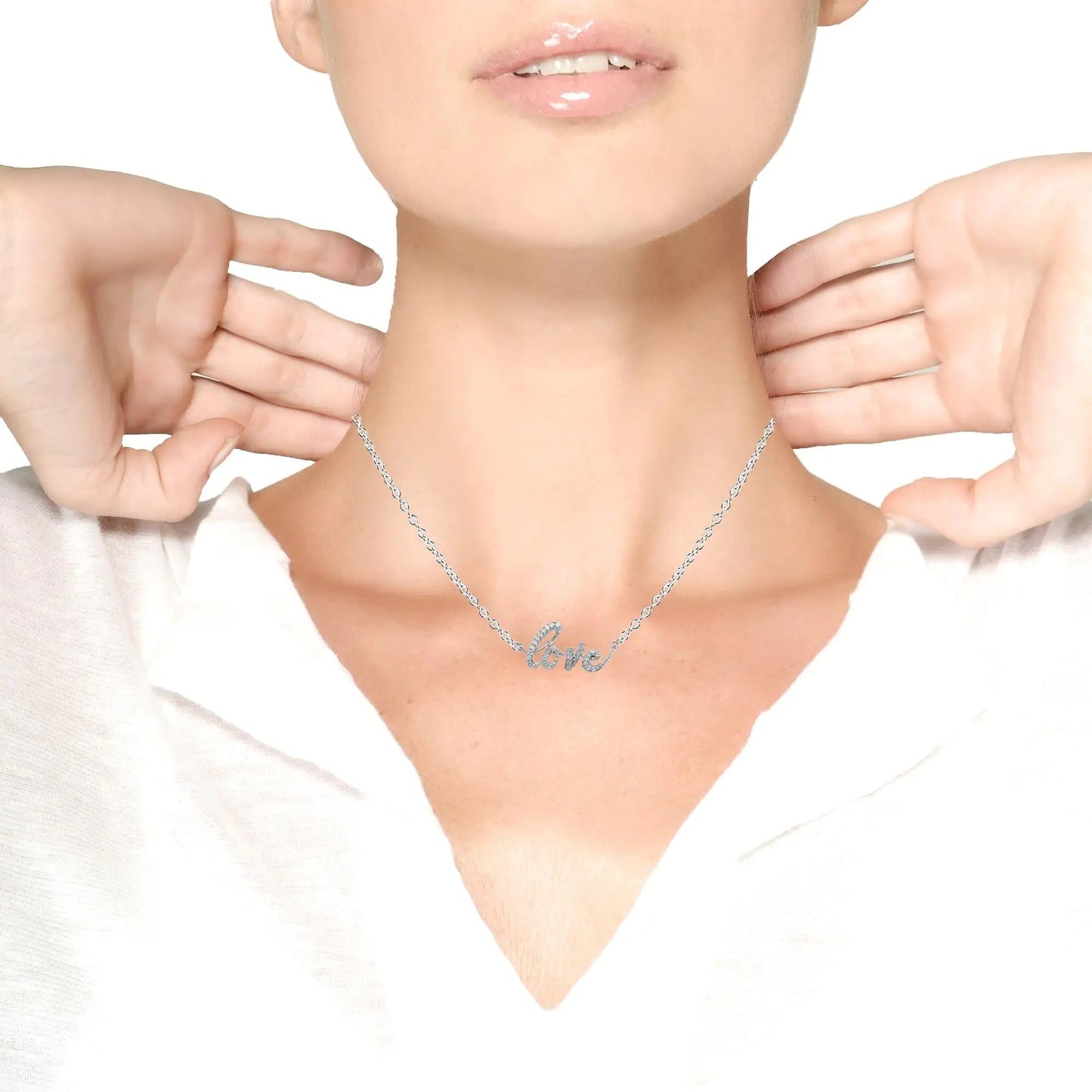 .925 Sterling Silver 1/5 Cttw Round Diamond Love 18" Pendant Necklace (I-J Color, I2-I3 Clarity) WEM Support (www.WEM.support)