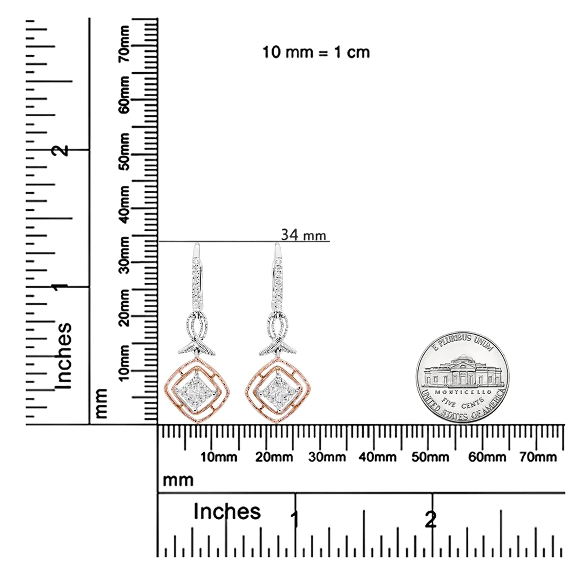 14K White and Rose Gold 1/2 Cttw Round and Princess-Cut Diamond Openwork Marquise Ribbon Dangle Earring (G-H Color, SI2-I1 Clarity) WEM Support (www.WEM.support)