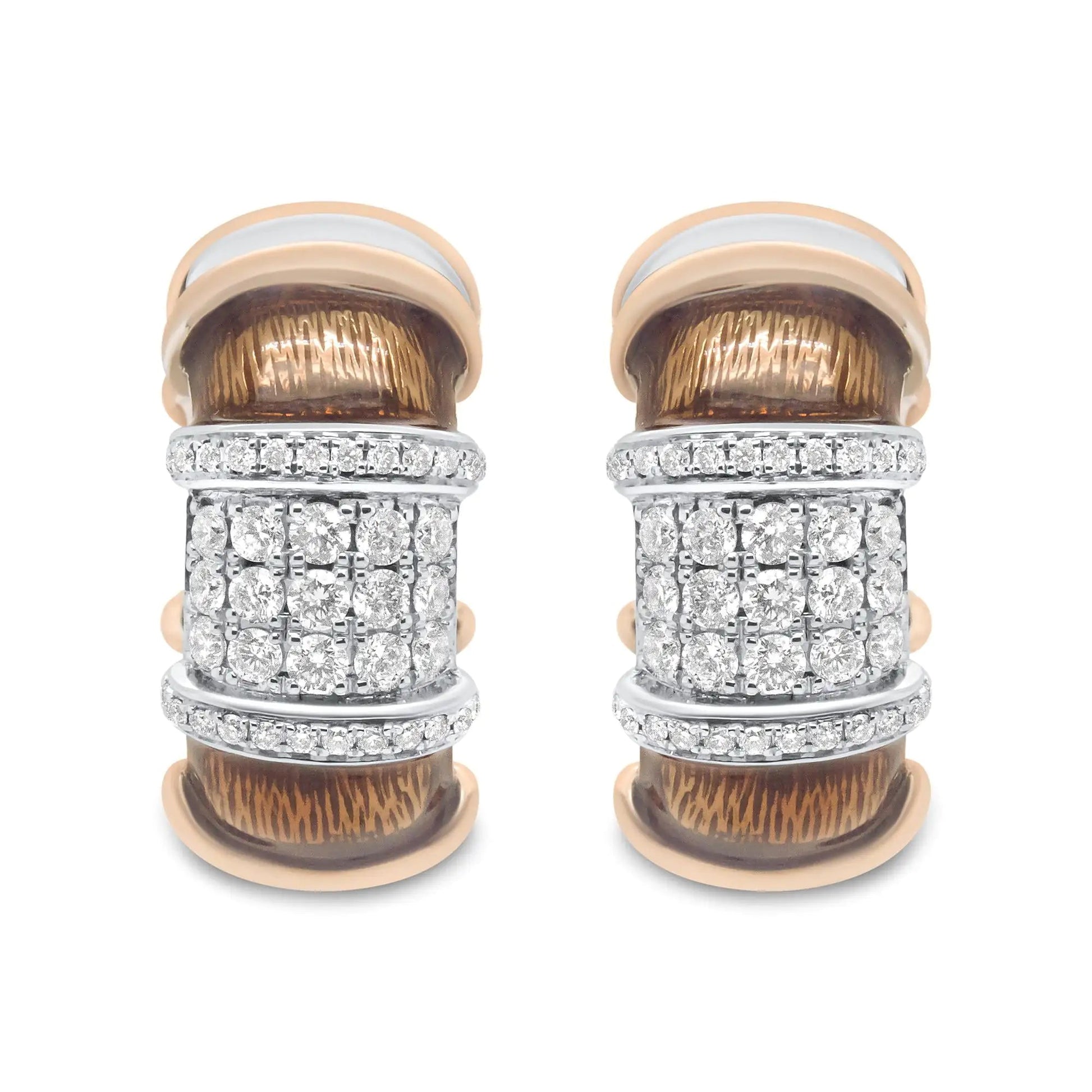 18K White and Rose Gold Flash Plated .925 Sterling Silver Clear Brown Enamel 1/6 Cttw Round Diamond Huggie Hoop Earrings (F-G Color, VS1-VS2 Clarity) WEM Support (www.WEM.support)