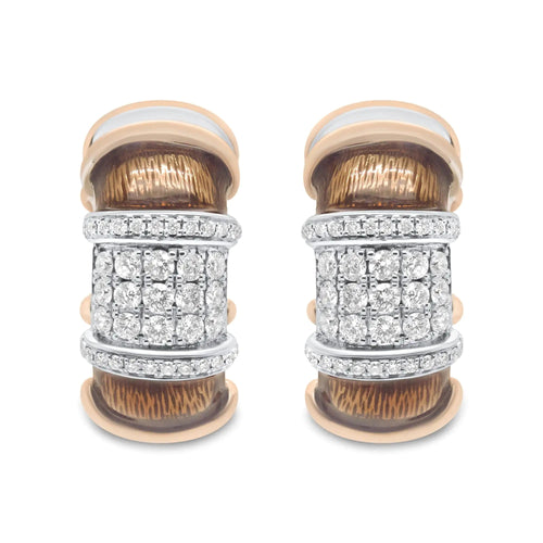 18K White and Rose Gold Flash Plated .925 Sterling Silver Clear Brown Enamel 1/6 Cttw Round Diamond Huggie Hoop Earrings (F-G Color, VS1-VS2 Clarity) WEM Support (www.WEM.support)