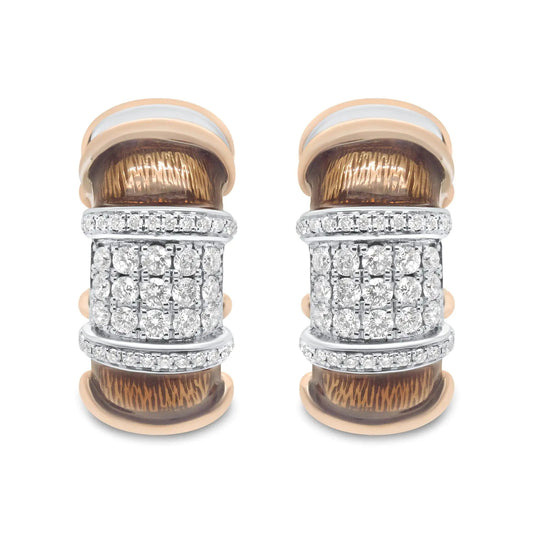 18K White and Rose Gold Flash Plated .925 Sterling Silver Clear Brown Enamel 1/6 Cttw Round Diamond Huggie Hoop Earrings (F-G Color, VS1-VS2 Clarity) WEM Support (www.WEM.support)