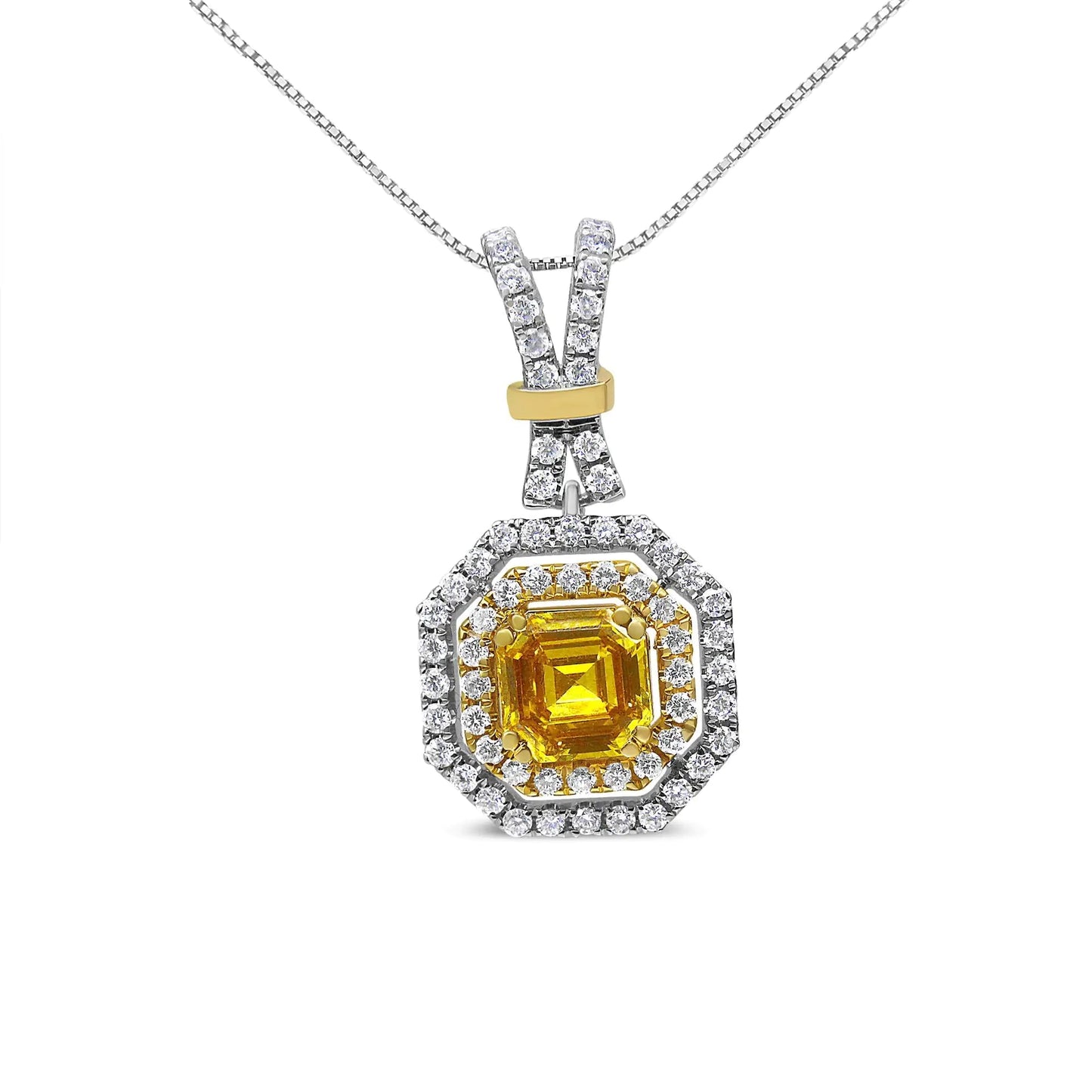 18K White and Yellow Gold 1.75 Cttw Lab Grown Treated Yellow Asscher Center Diamond Halo 18" Pendant Necklace (Yellow/G-H Color, VS1-VS2 Clarity) WEM Support (www.WEM.support)