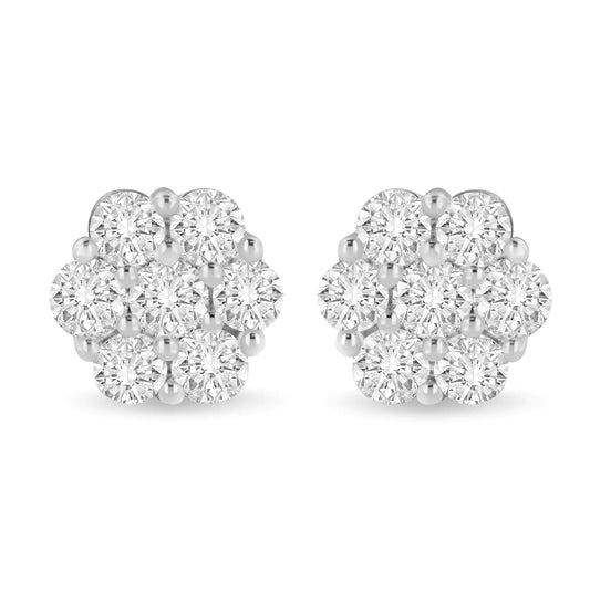 14K White Gold 3 cttw Prong Set Round-Cut Diamond Floral Cluster Stud Earring (I-J Color, SI1-SI2 Clarity) WEM Support (www.WEM.support)
