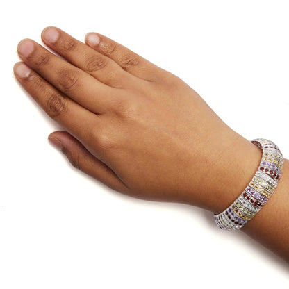 .925 Sterling Silver Multi Row Rainbow Gemstone  Bangle Bracelet - 7.5" Inches WEM Support (www.WEM.support)