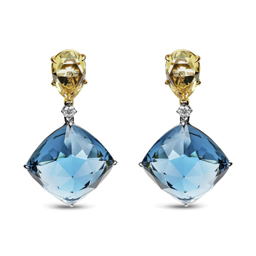 18K White and Yellow Gold 1/5 Cttw Diamond with Pear Cut Lemon Quartz, and Cushion Cut London Blue Topaz Gemstone Dangle Earring (G-H Color, SI1-SI2 Clarity) WEM Support (www.WEM.support)
