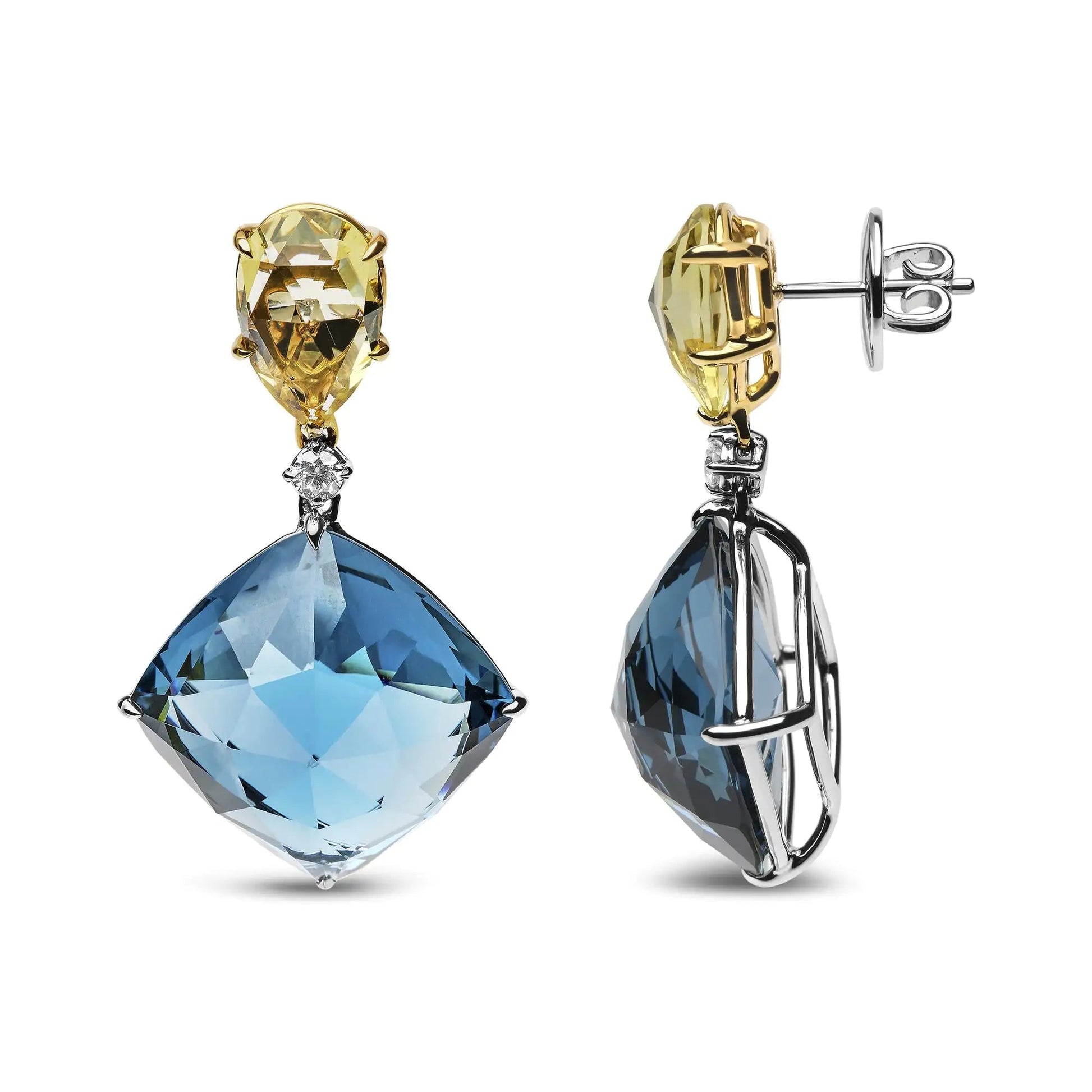 18K White and Yellow Gold 1/5 Cttw Diamond with Pear Cut Lemon Quartz, and Cushion Cut London Blue Topaz Gemstone Dangle Earring (G-H Color, SI1-SI2 Clarity) WEM Support (www.WEM.support)