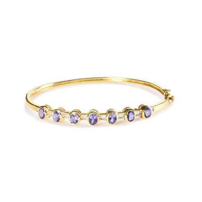 14K Yellow Gold Alternating Bezel Set 5MM Oval Shaped Tanzanite and 1/5 Cttw Diamond Bangle Bracelet (H-I Color, VS2-SI1 Clarity) - Fit's wrists up to 7.25" Inches WEM Support (www.WEM.support)