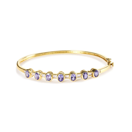 14K Yellow Gold Alternating Bezel Set 5MM Oval Shaped Tanzanite and 1/5 Cttw Diamond Bangle Bracelet (H-I Color, VS2-SI1 Clarity) - Fit's wrists up to 7.25" Inches WEM Support (www.WEM.support)