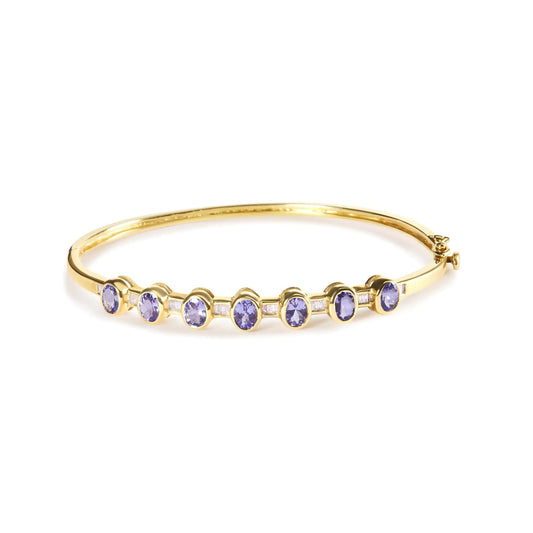 14K Yellow Gold Alternating Bezel Set 5MM Oval Shaped Tanzanite and 1/5 Cttw Diamond Bangle Bracelet (H-I Color, VS2-SI1 Clarity) - Fit's wrists up to 7.25" Inches WEM Support (www.WEM.support)