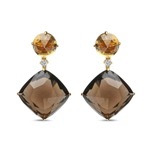 18K Yellow Gold 1/5 Cttw Diamond with Round Yellow Citrine and 25mm Cushion Cut Smoky Quartz Gemstone Dangle Earring (G-H Color, SI1-SI2 Clarity) WEM Support (www.WEM.support)