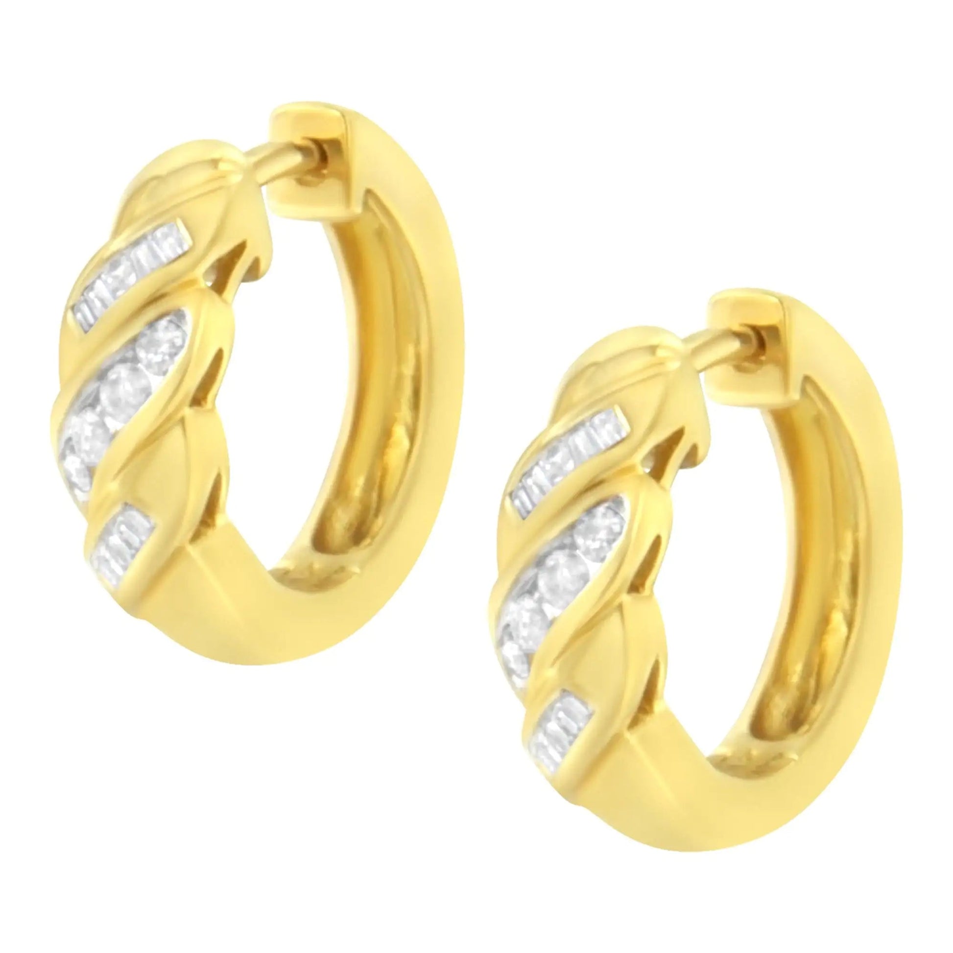 14K Yellow Gold 1/4 ct TDW Alternating 3 Row Baguette & Round Brilliant-Cut Diamond Huggy Hoop Earrings (H-I, I2-I3) WEM Support (www.WEM.support)