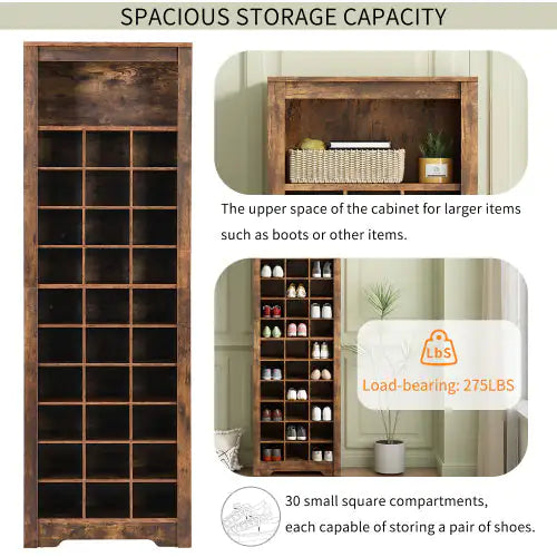 Stylish Design 30 Shoe Cabinet Console, Modern Shoe Cabinet, Multiple Storage Capacity, Self-standing High Cabinet, Suitable For Hallway, Bedroom, Rustic Brown WEM Support (www.WEM.support)