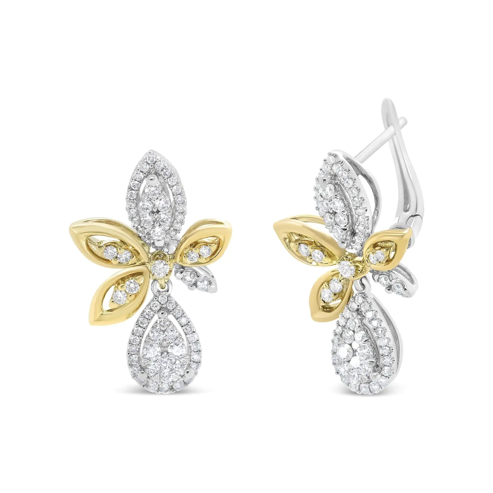 14K White and Yellow Gold 1.00 Cttw Round Pave-Set Diamond Teardrop and Marquise Shape Drop Dangle Earrings (H-I Color, SI1-SI2 Clarity) WEM Support (www.WEM.support)