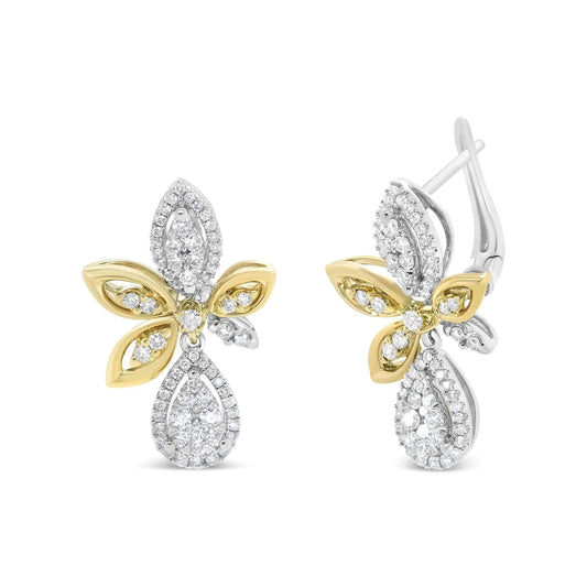 14K White and Yellow Gold 1.00 Cttw Round Pave-Set Diamond Teardrop and Marquise Shape Drop Dangle Earrings (H-I Color, SI1-SI2 Clarity) WEM Support (www.WEM.support)