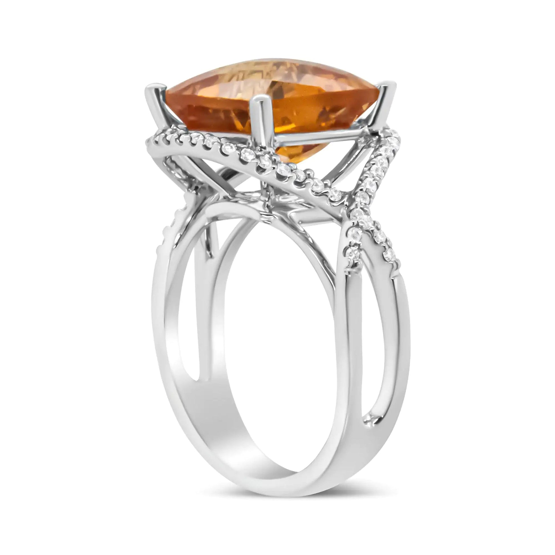 14K White Gold 12mm Cushion Cut Yellow Citrine Gemstone and 1/3 Cttw Round Pave-Set Diamond Ring - (H-I Color, VS1-VS2 Clarity) WEM Support (www.WEM.support)