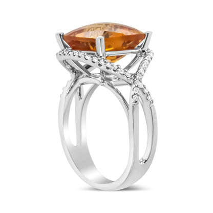 14K White Gold 12mm Cushion Cut Yellow Citrine Gemstone and 1/3 Cttw Round Pave-Set Diamond Ring - (H-I Color, VS1-VS2 Clarity) WEM Support (www.WEM.support)
