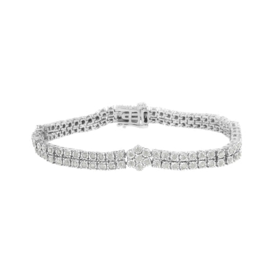 .925 Sterling Silber Diamant Doppelreihe und Blumencluster Tennisarmband (2 Karat, I-J Farbe, I3 Reinheit) - Größe 7.25" WEM Support (www.WEM.support)