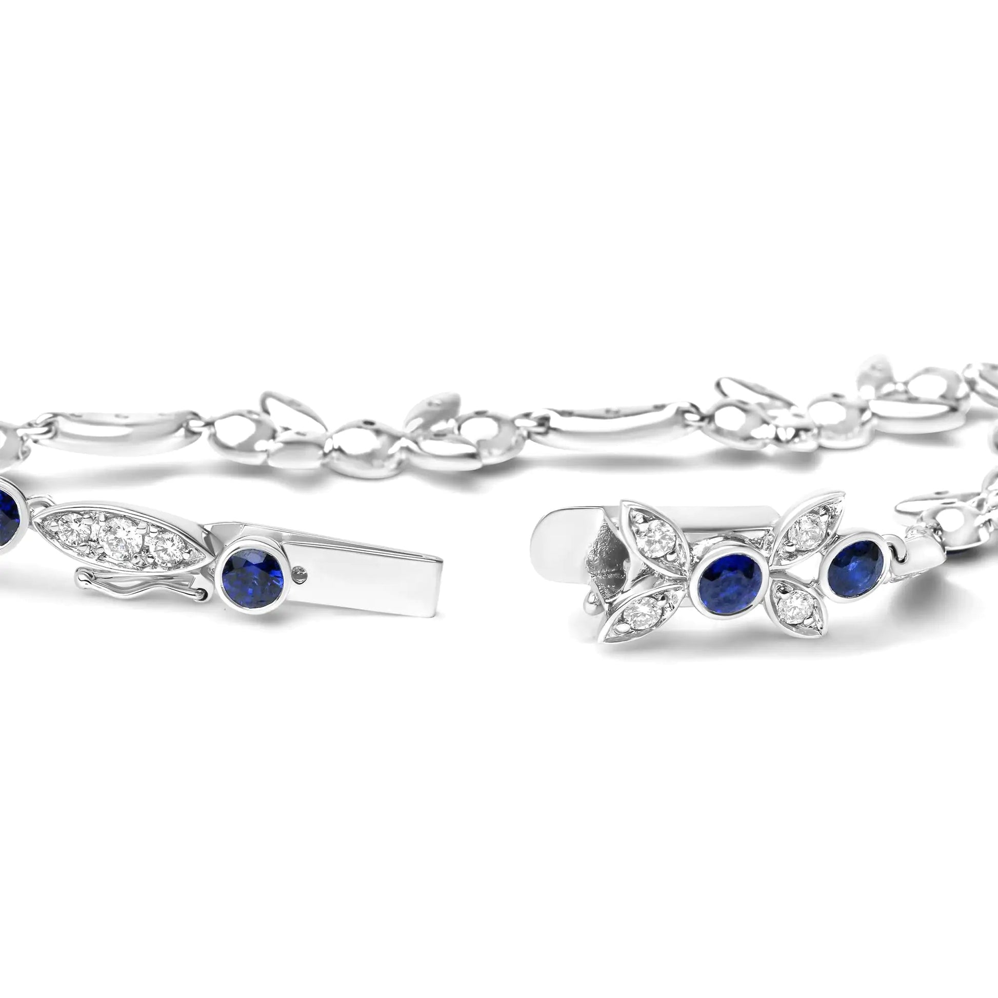 18K White Gold 1 3/4 Cttw Diamond and 3x3mm Round Blue Sapphire Gemstone Floral Link Bracelet (G-H Color, SI1-SI2 Clarity) - Size 7" WEM Support (www.WEM.support)