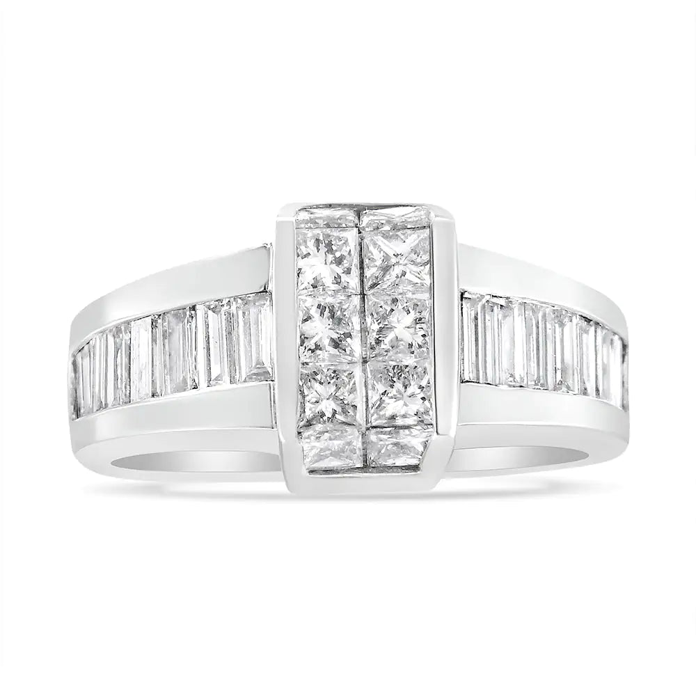 14K White Gold 2 3/4 Cttw Invisible-Set Princess and Channel-Set Baguette Diamond Step Up Cocktail Ring (G-H Color, SI1-SI2 Clarity) WEM Support (www.WEM.support)