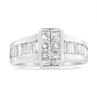 14K White Gold 2 3/4 Cttw Invisible-Set Princess and Channel-Set Baguette Diamond Step Up Cocktail Ring (G-H Color, SI1-SI2 Clarity) WEM Support (www.WEM.support)