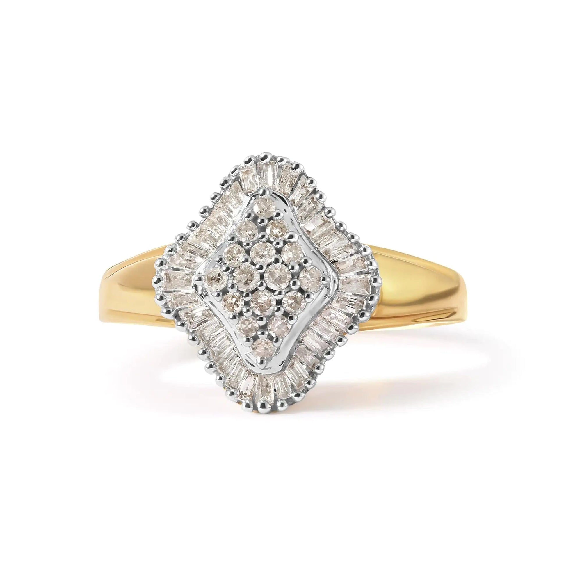 10K Yellow Gold 1/2 Cttw Round And Baguette-cut Diamond Rhombus Head and Halo Ring (I-J Color, I1-I2 Clarity) WEM Support (www.WEM.support)