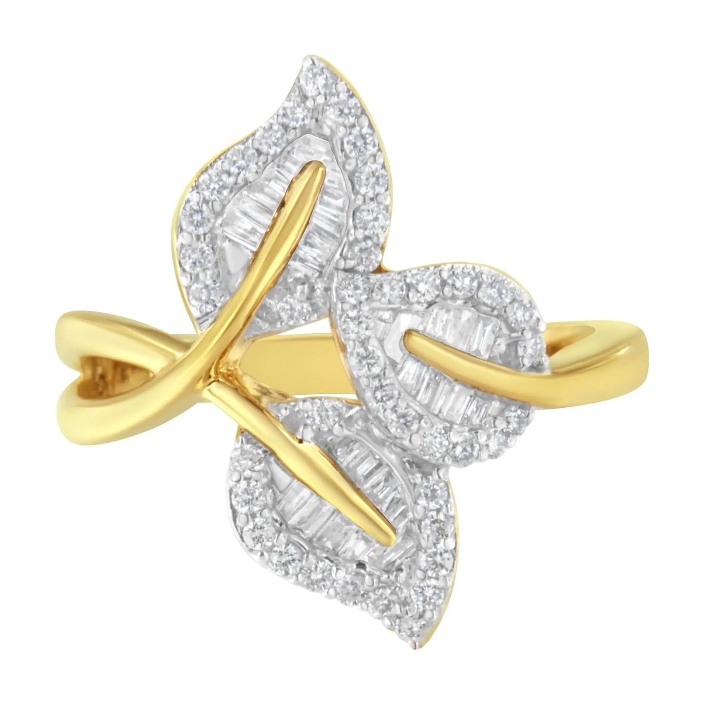 10k Yellow and White Gold 1/2 Cttw Baguette and Round Diamond Bypass Triple Leaf Ring (I-J Color, I1-I2 Clarity) WEM Support (www.WEM.support)