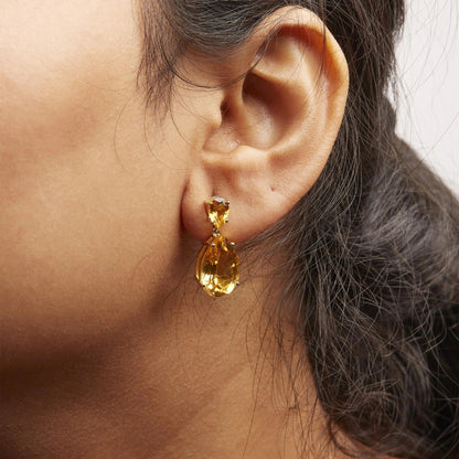10K Yellow Gold Plated .925 Sterling Silver 12 1/3 Cttw Pear Shaped Orange Citrine Dangle Double Drop Stud Earring WEM Support (www.WEM.support)