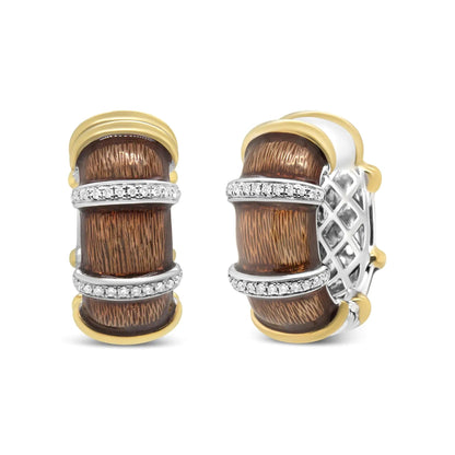 18K Yellow and White Gold Flash Plated .925 Sterling Silver Clear Brown Enamel 9/10 Cttw Round Diamonds Huggie Hoop Earrings (F-G Color, VS1-VS2 Clarity) WEM Support (www.WEM.support)