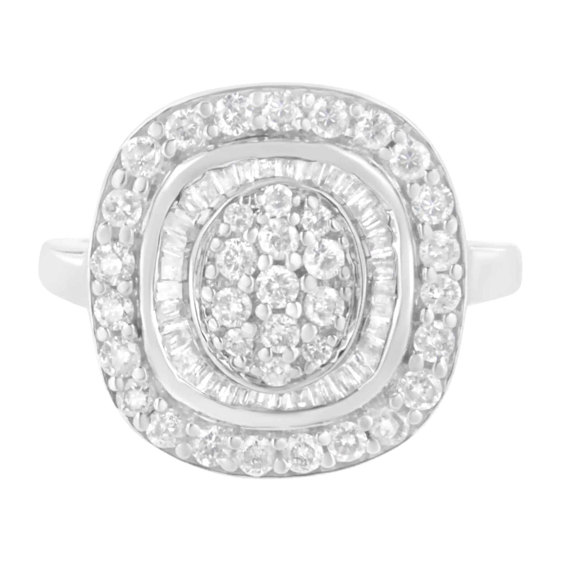 .925 Sterling Silver 1cttw Round and Baguette-Cut Diamond Square Cocktail Ring (I2-I3 Clarity, H-I Color) WEM Support (www.WEM.support)