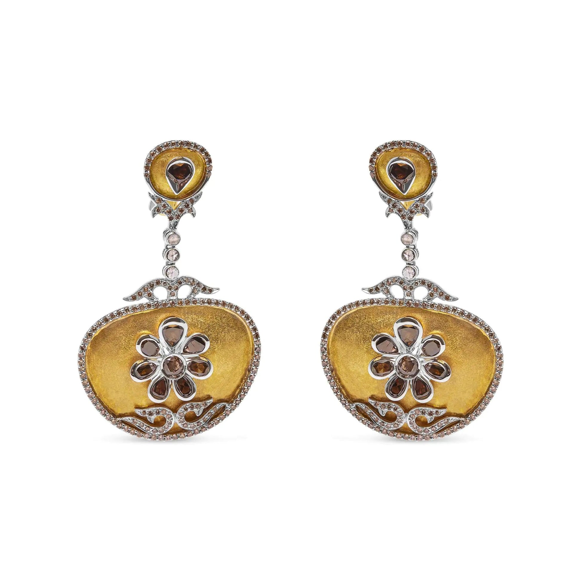 14K White and Yellow Gold 5 1/4 Cttw Rose Cut Diamond Matte Finished Medallion Dangle Earring (Fancy Color, I1-I2 Clarity) WEM Support (www.WEM.support)