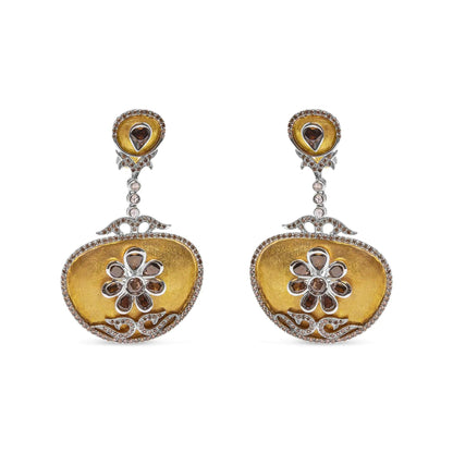 14K White and Yellow Gold 5 1/4 Cttw Rose Cut Diamond Matte Finished Medallion Dangle Earring (Fancy Color, I1-I2 Clarity) WEM Support (www.WEM.support)
