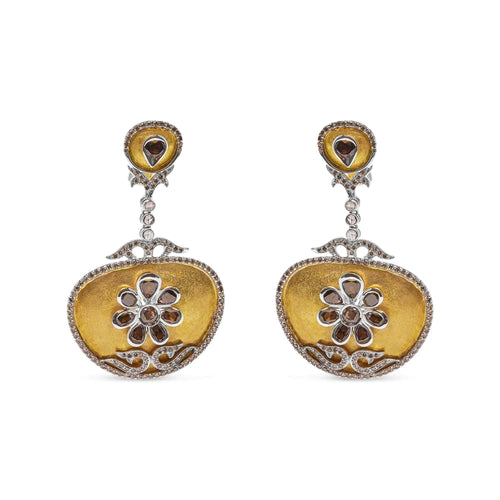 14K White and Yellow Gold 5 1/4 Cttw Rose Cut Diamond Matte Finished Medallion Dangle Earring (Fancy Color, I1-I2 Clarity) WEM Support (www.WEM.support)