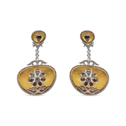 14K White and Yellow Gold 5 1/4 Cttw Rose Cut Diamond Matte Finished Medallion Dangle Earring (Fancy Color, I1-I2 Clarity) WEM Support (www.WEM.support)