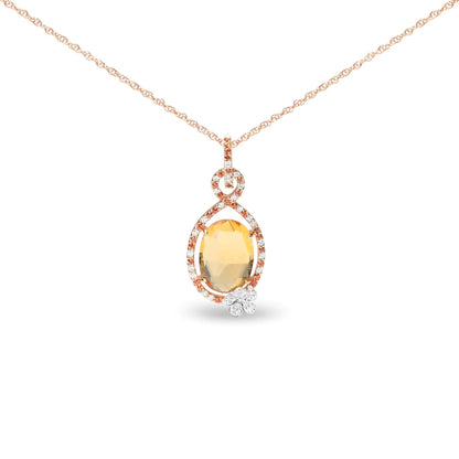 18K Rose Gold 1/5 Cttw Diamond and Oval Yellow Citrine and Round Orange Sapphire Gemstone Openwork Halo Teardrop with Flower Design 18" Pendant Necklace (G-H Color, SI1-SI2 Clarity) WEM Support (www.WEM.support)