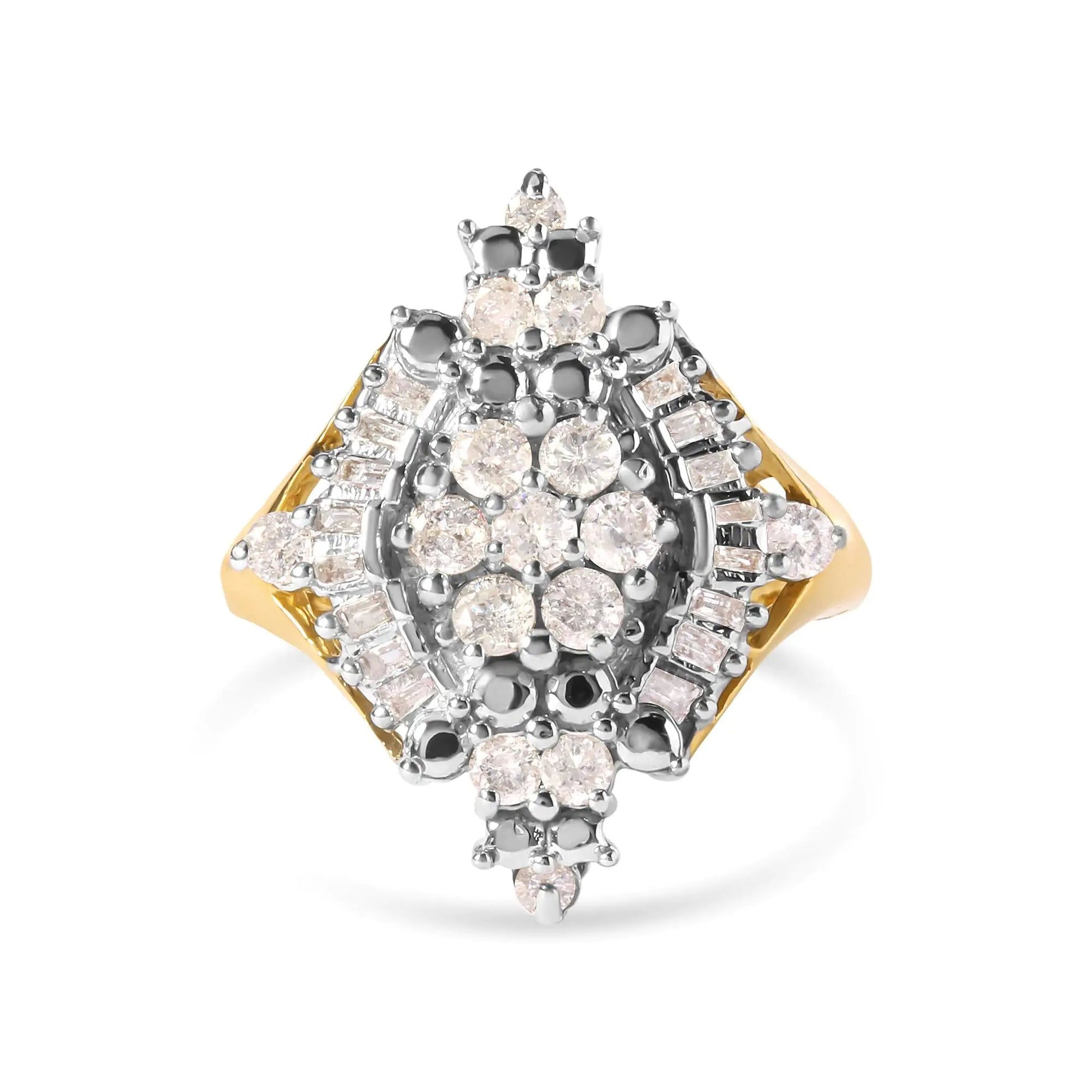 10K Yellow Gold 1 Cttw Round and Baguette cut Diamond Cluster and Rhombus Halo Ring (H-I Color, I1-I2 Clarity) WEM Support (www.WEM.support)