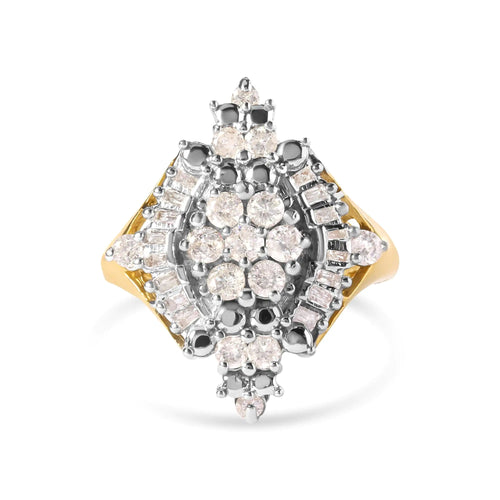 10K Yellow Gold 1 Cttw Round and Baguette cut Diamond Cluster and Rhombus Halo Ring (H-I Color, I1-I2 Clarity) WEM Support (www.WEM.support)
