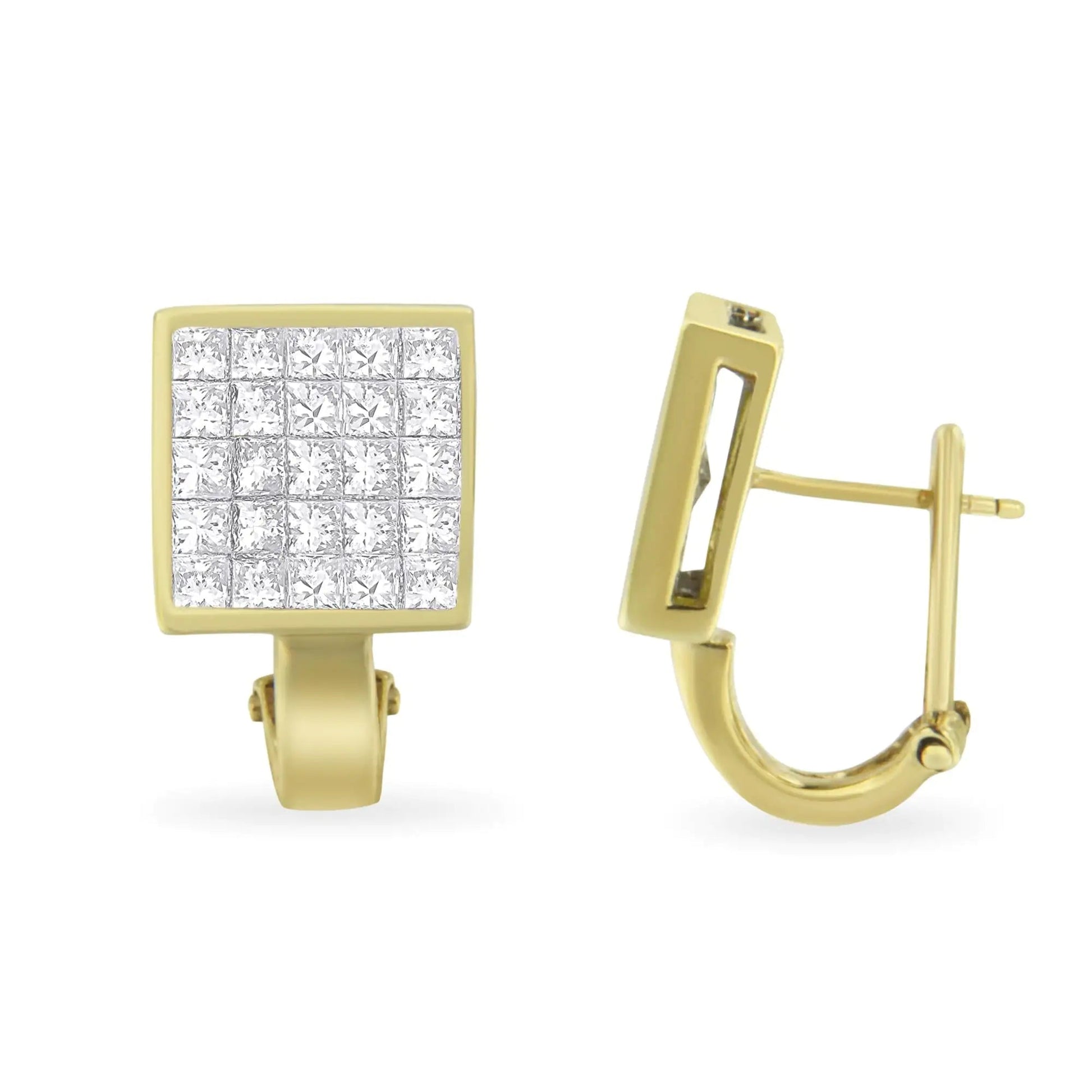 14K Yellow Gold 3-1/5 Cttw Princess Cut Diamond ¾ Square Invisible Set Grid Huggy Style Omega Back Stud Earrings (G-H Color, VS1-VS2 Clarity) WEM Support (www.WEM.support)