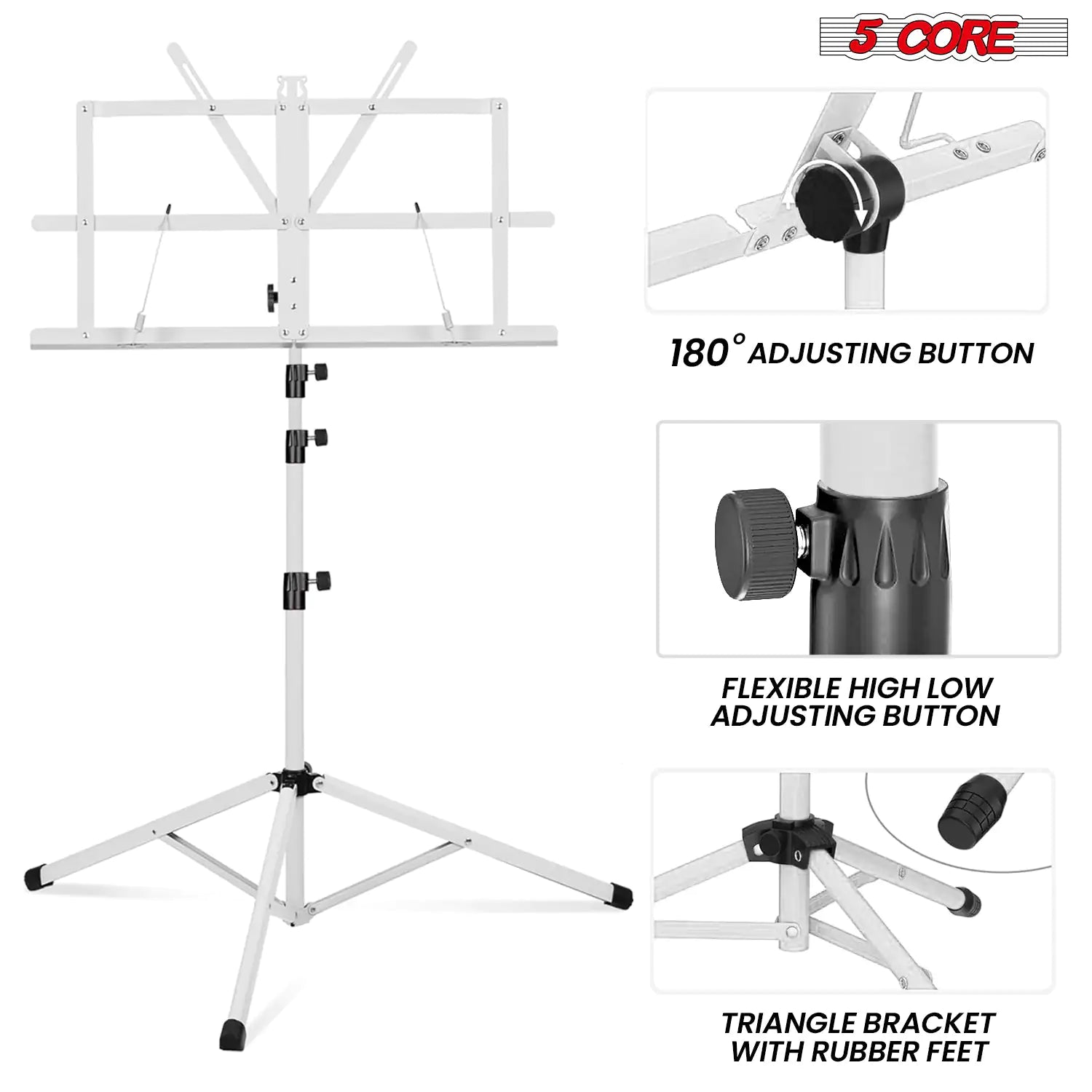 Suporte de Música 5Core para Partituras de Música Portátil com Tripé Ajustável e Dobrável, Suporte para Notas Mais Alto Branco WEM Support (www.WEM.support)