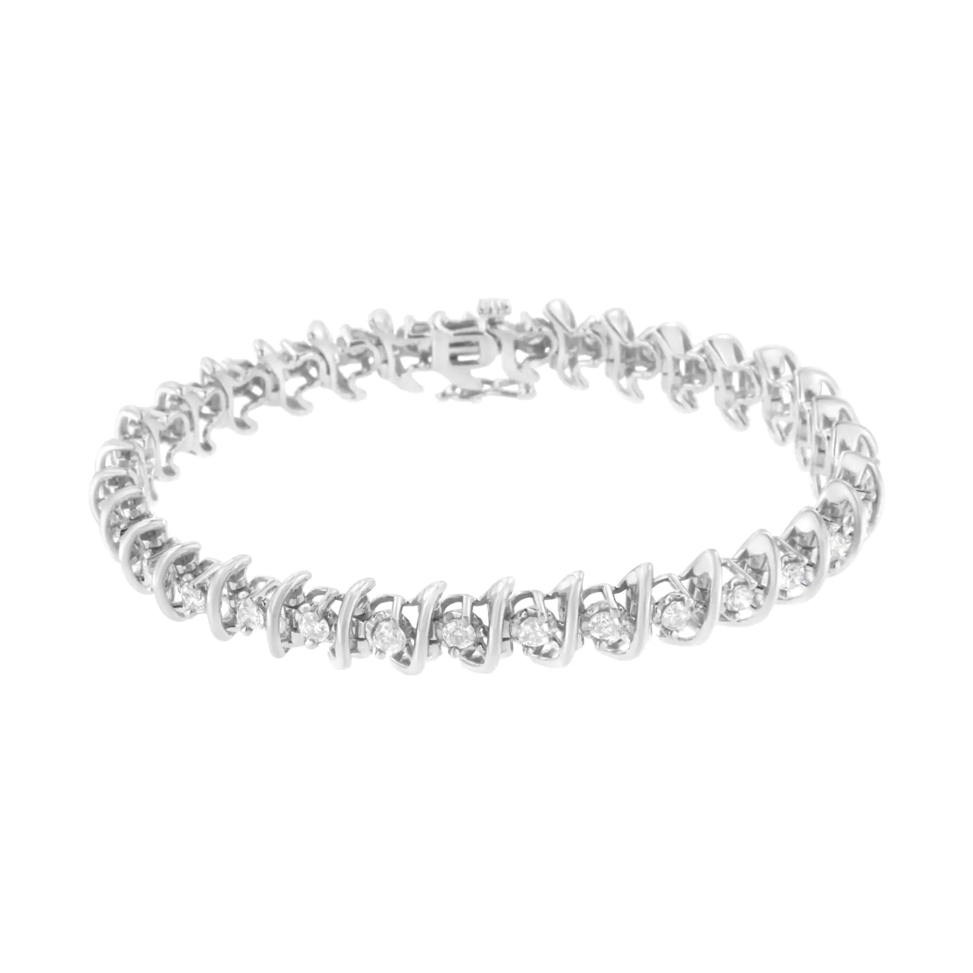 .925 Sterling Silver 3 cttw Diamond "S" Link Bracelet (I-J Clarity, I2-I3 Color) - Size 7.5" WEM Support (www.WEM.support)