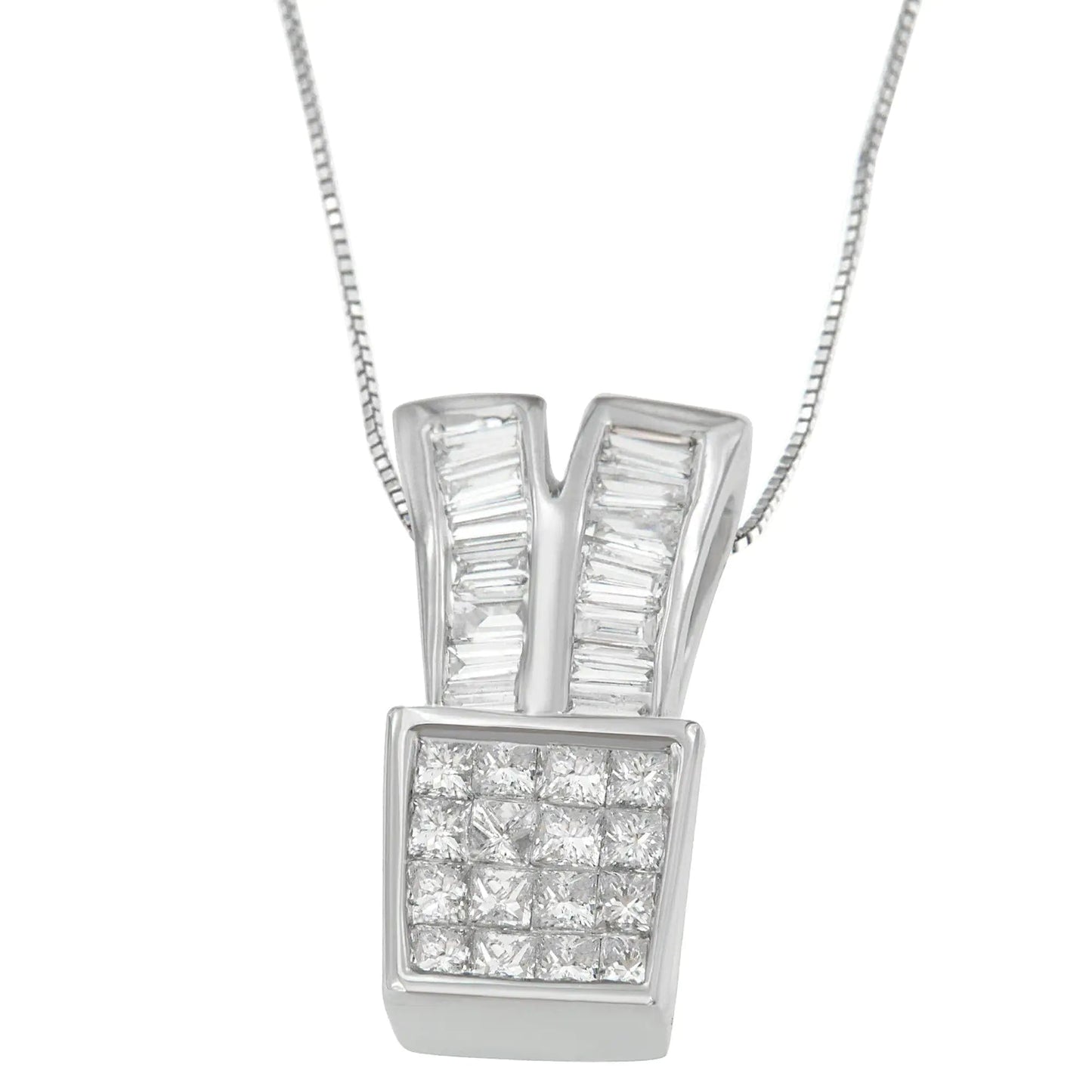 14K White Gold 1 1/3 cttw Princess and Baguette Cut Diamond Sparkling Shapes Pendant Necklace (H-I, SI1-SI2) WEM Support (www.WEM.support)
