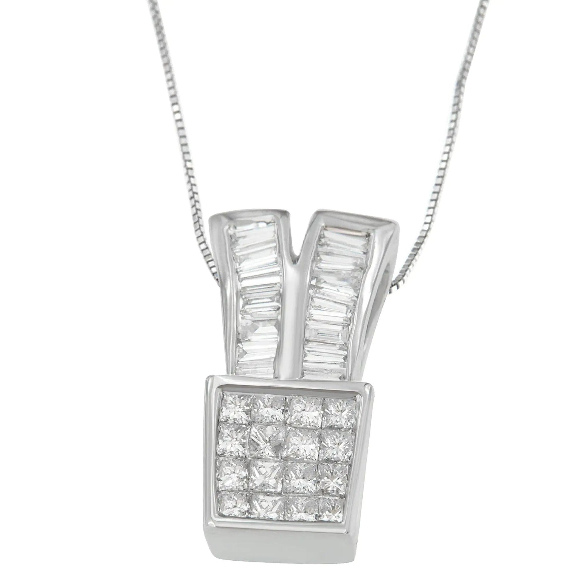 14K White Gold 1 1/3 cttw Princess and Baguette Cut Diamond Sparkling Shapes Pendant Necklace (H-I, SI1-SI2) WEM Support (www.WEM.support)