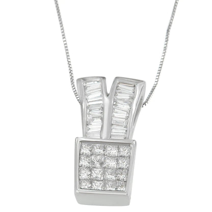 14K White Gold 1 1/3 cttw Princess and Baguette Cut Diamond Sparkling Shapes Pendant Necklace (H-I, SI1-SI2) WEM Support (www.WEM.support)