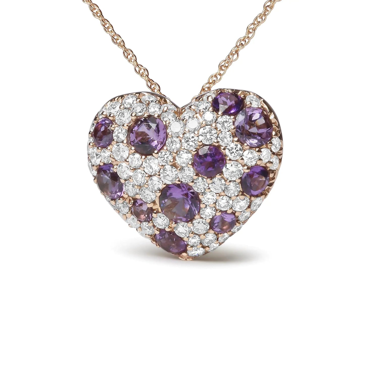 18K Rose Gold 3/4 Cttw Diamond and Purple Amethyst Cluster Heart Shape 18" Pendant Necklace (G-H Color, SI1-SI2 Clarity) WEM Support (www.WEM.support)