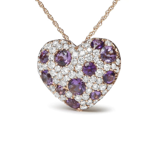 18K Rose Gold 3/4 Cttw Diamond and Purple Amethyst Cluster Heart Shape 18" Pendant Necklace (G-H Color, SI1-SI2 Clarity) WEM Support (www.WEM.support)