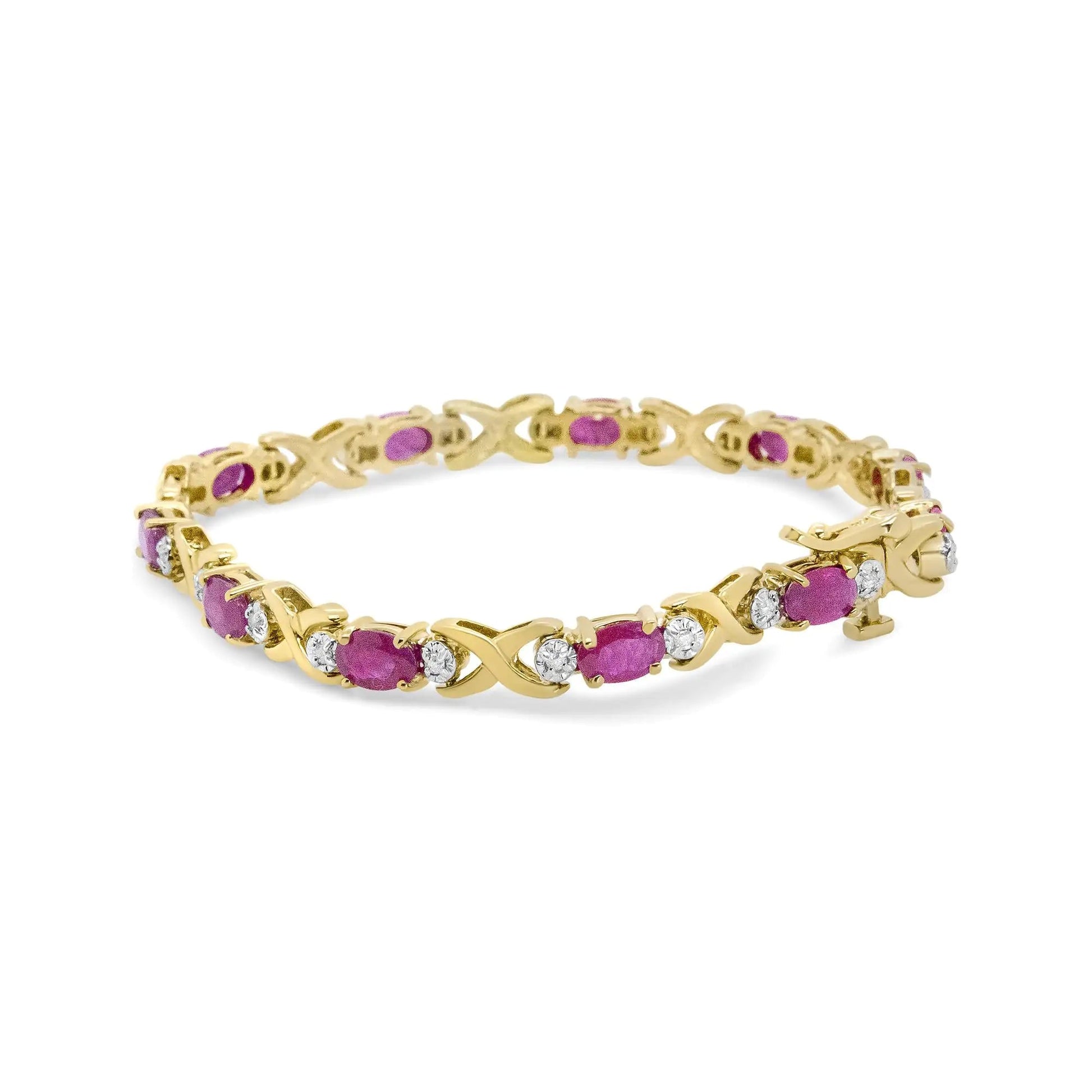 14K Yellow Gold 1/4 Cttw Diamond and Oval Red Ruby Alternating X Link Bracelet (I-J Color, I3 Clarity) WEM Support (www.WEM.support)
